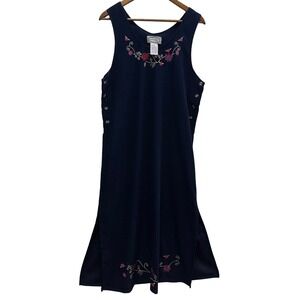 Jane Ashley Jumper Dress Womens Large Navy Blue Floral Embroidered Cottagecore